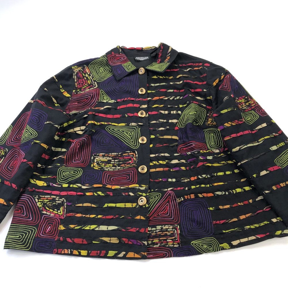 New Direction VINTAGE Large Embroidered Art To Wear Cotton Button Jacket Black